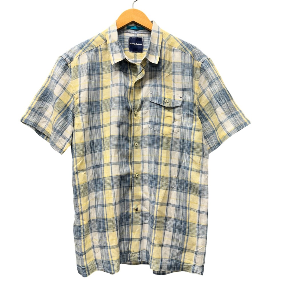 Tommy Bahama Linen Shirt Mens L Plaid Blue Yellow Button Up Resort Coastal